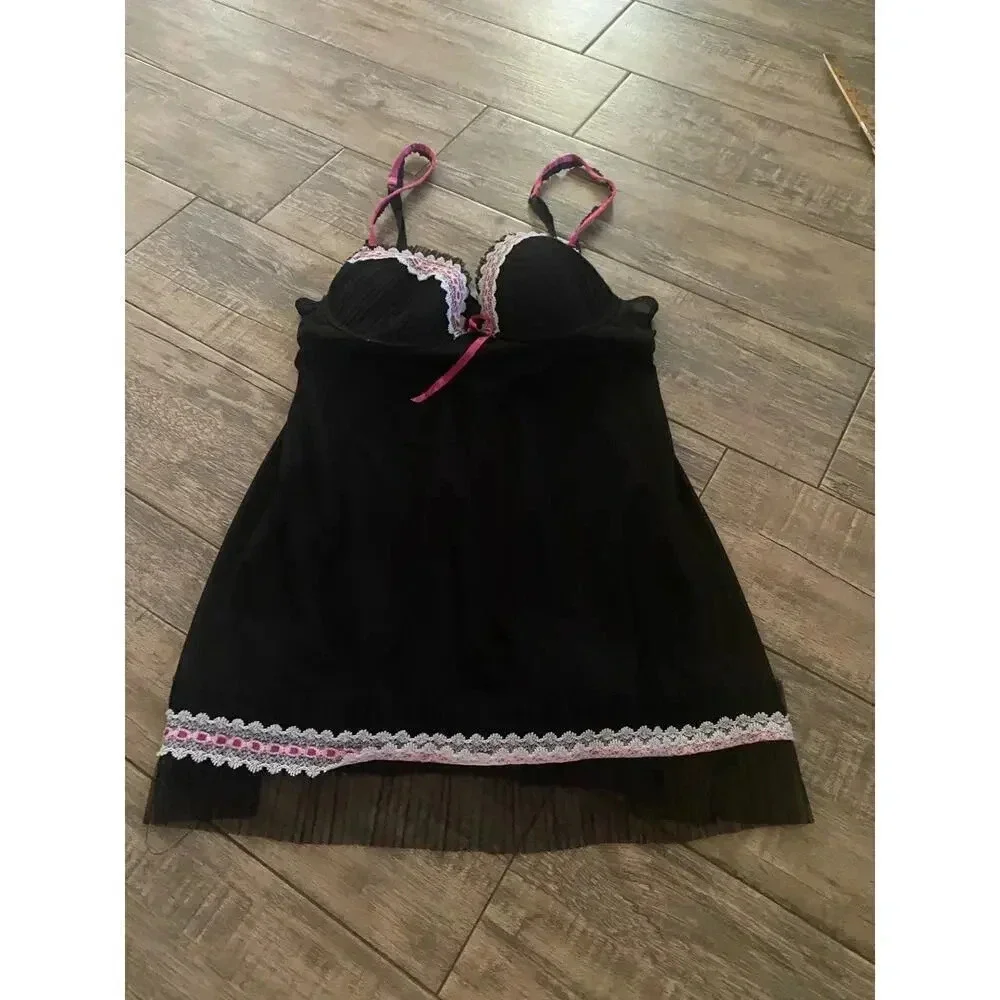 Elegant Black lingerie Lace Trim Nightgown Sleepwear Size Medium